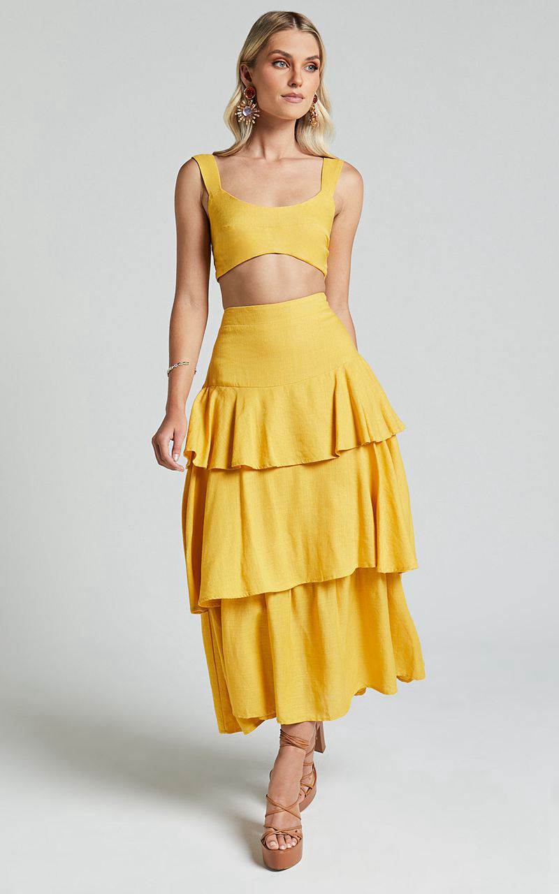 Showpo Amalie The Label - Kaleigh Linen Blend Bralette And Tiered Maxi Skirt Two Piece Set Yellow | TMGSPY193