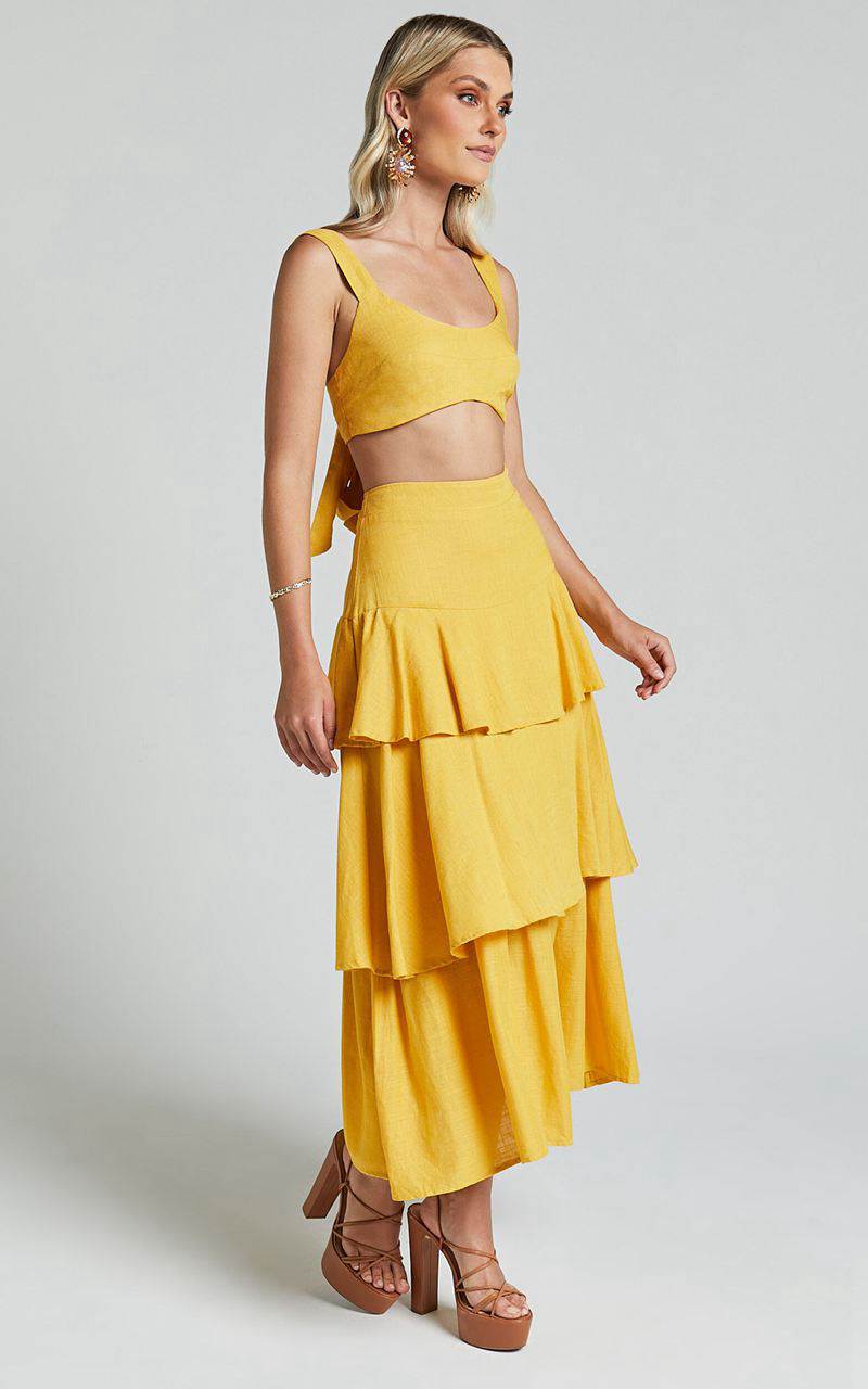 Showpo Amalie The Label - Kaleigh Linen Blend Bralette And Tiered Maxi Skirt Two Piece Set Yellow | TMGSPY193