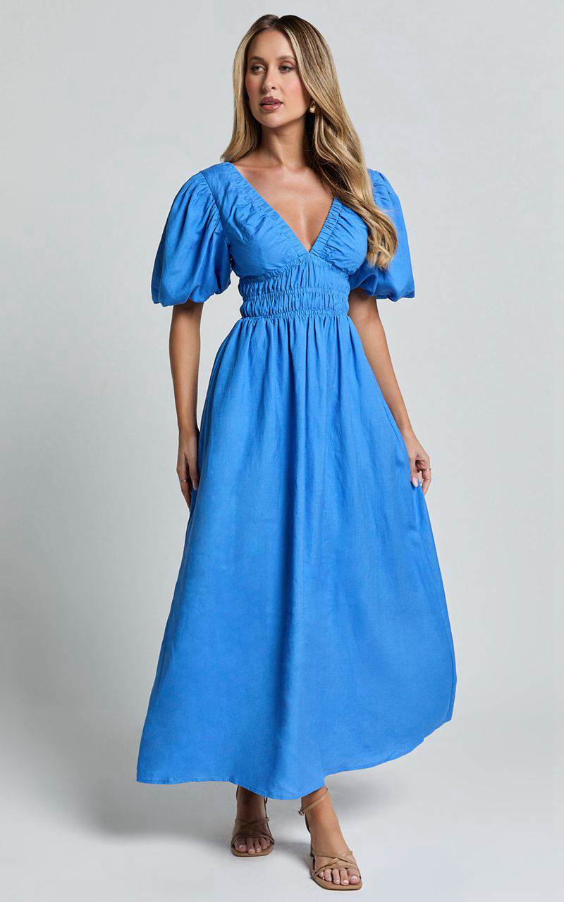 Showpo Amalie The Label - Khaila Linen Blend Plunge Puff Sleeve Midi Dress Blue | WFCTEL438