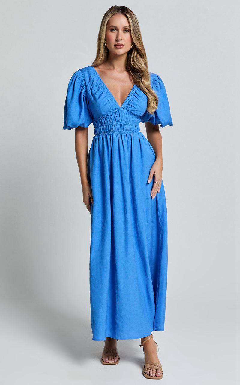 Showpo Amalie The Label - Khaila Linen Blend Plunge Puff Sleeve Midi Dress Blue | WFCTEL438