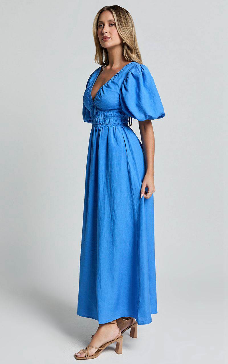 Showpo Amalie The Label - Khaila Linen Blend Plunge Puff Sleeve Midi Dress Blue | WFCTEL438