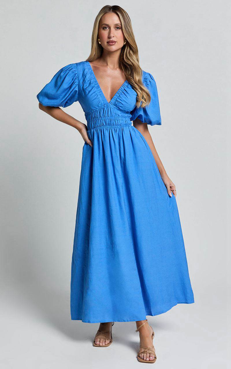 Showpo Amalie The Label - Khaila Linen Blend Plunge Puff Sleeve Midi Dress Blue | WFCTEL438