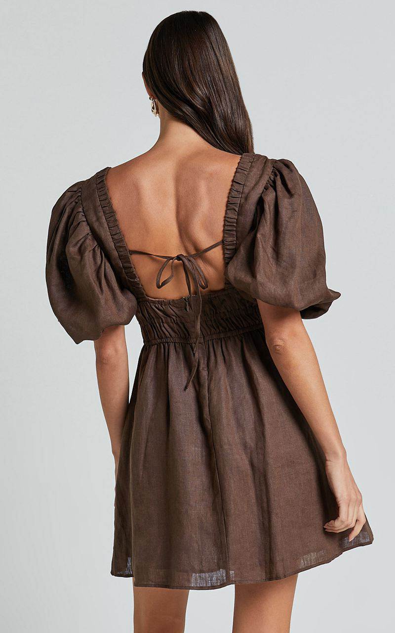 Showpo Amalie The Label - Khaila Linen Plunge Puff Sleeve Mini Dress Chocolate | EUDKSV258