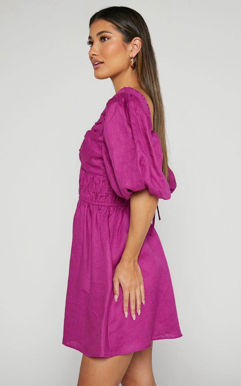 Showpo Amalie The Label - Khaila Linen Plunge Puff Sleeve Mini Dress Mulberry | RLXVES048