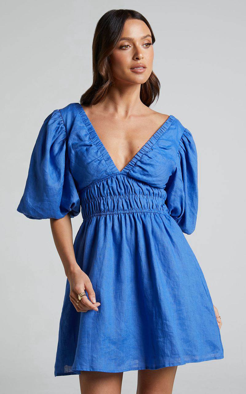 Showpo Amalie The Label - Khaila Linen Plunge Puff Sleeve Mini Dress Blue | JYLCRH697