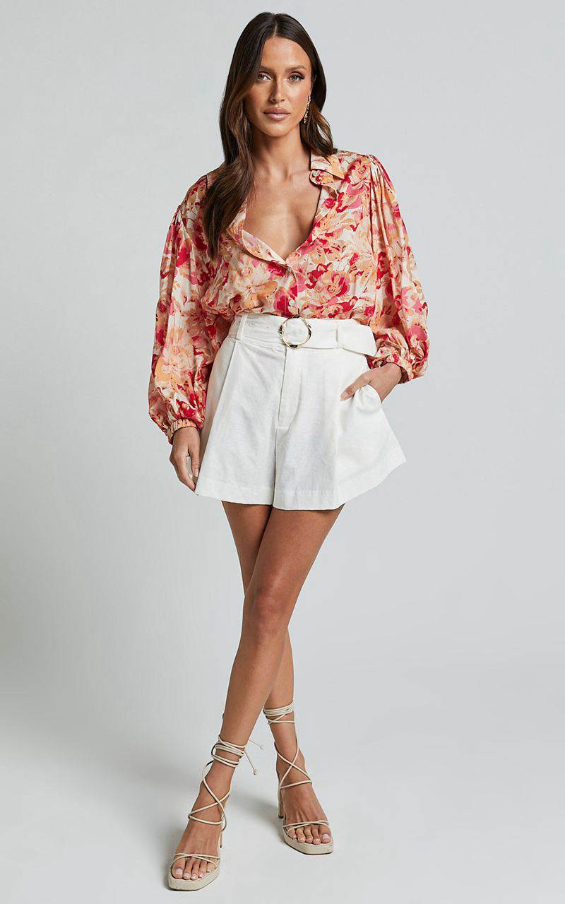 Showpo Amalie The Label - Kimmella Linen Blend Puff Sleeve Shirt Sienna Print | YPOCJI840