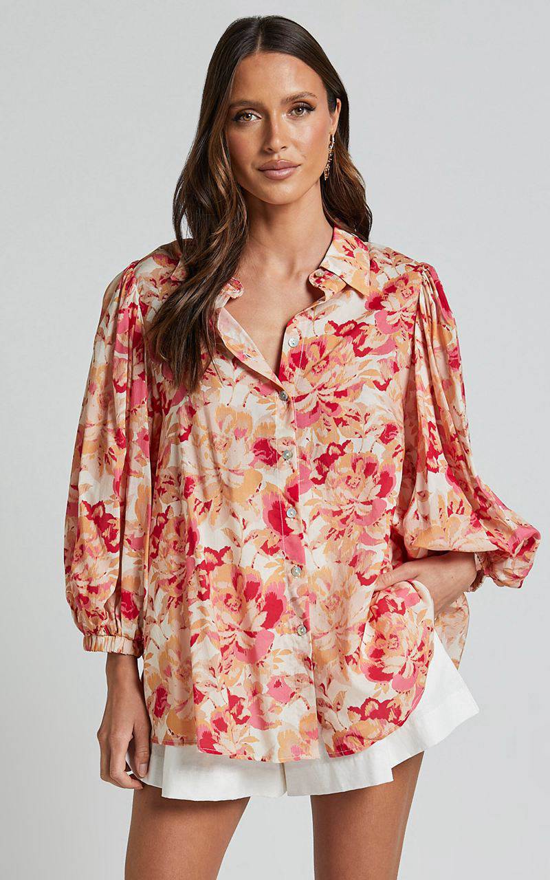 Showpo Amalie The Label - Kimmella Linen Blend Puff Sleeve Shirt Sienna Print | YPOCJI840