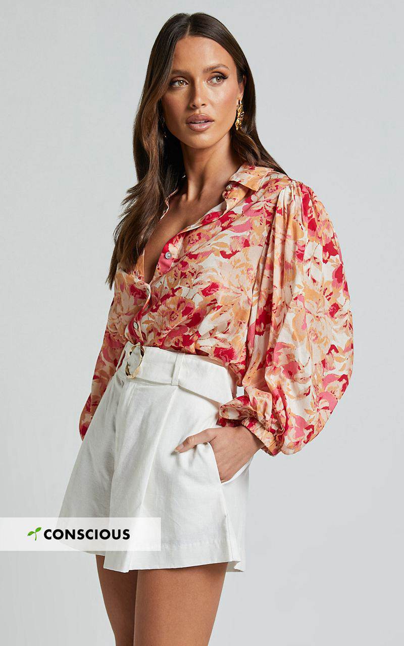 Showpo Amalie The Label - Kimmella Linen Blend Puff Sleeve Shirt Sienna Print | YPOCJI840