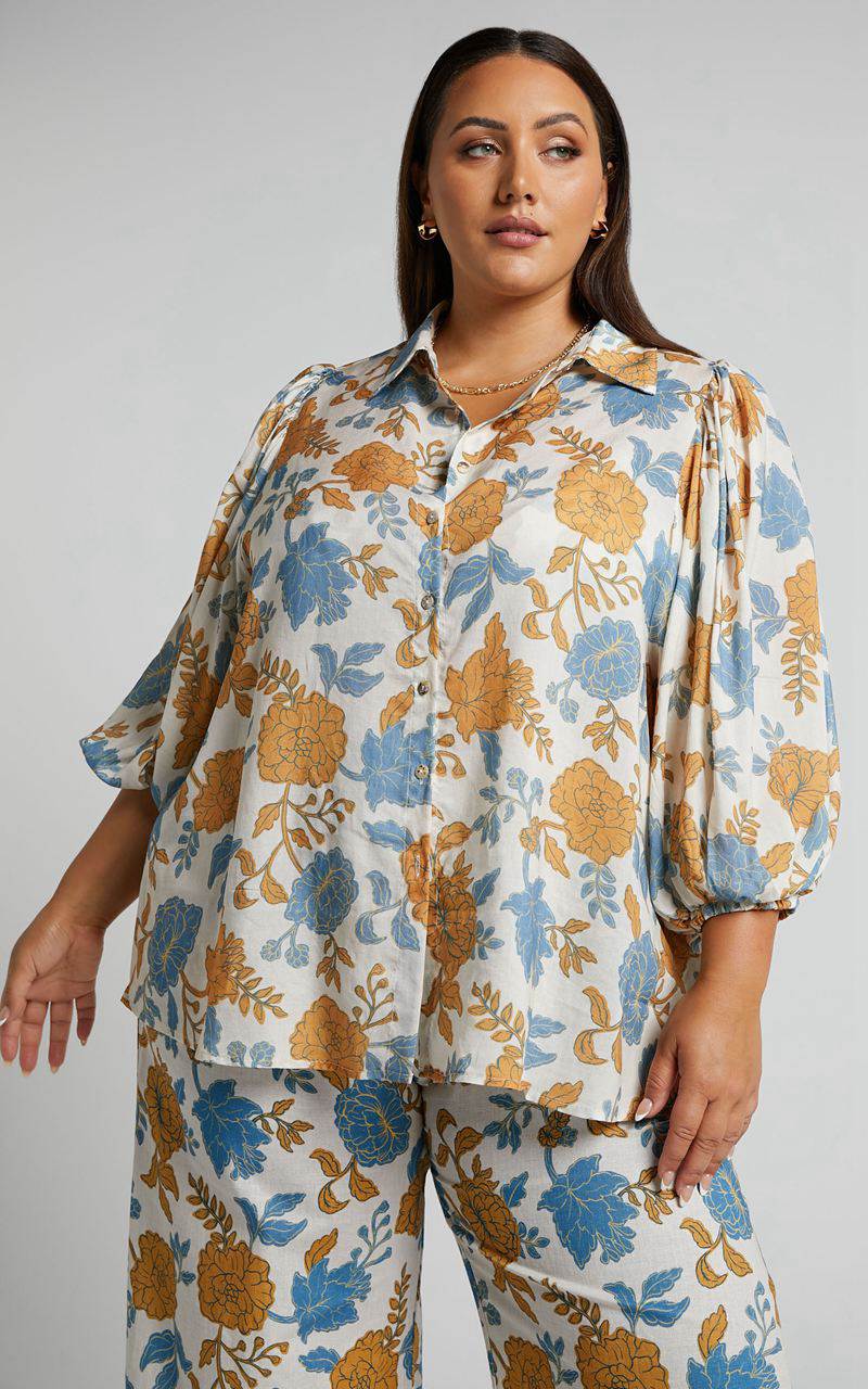 Showpo Amalie The Label - Kimmella Linen Blend Puff Sleeve Shirt Valencia Floral | CKFLON354