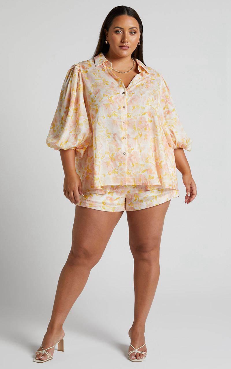 Showpo Amalie The Label - Kimmella Linen Blend Puff Sleeve Shirt Valencia Floral | CKFLON354