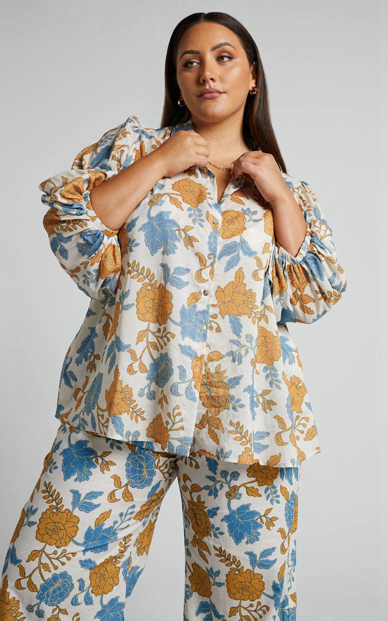 Showpo Amalie The Label - Kimmella Linen Blend Puff Sleeve Shirt Valencia Floral | CKFLON354