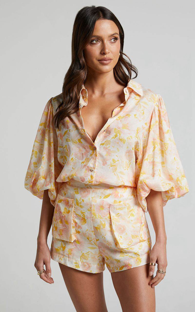 Showpo Amalie The Label - Kimmella Linen Blend Puff Sleeve Shirt Sierra Floral | OBPCEL247