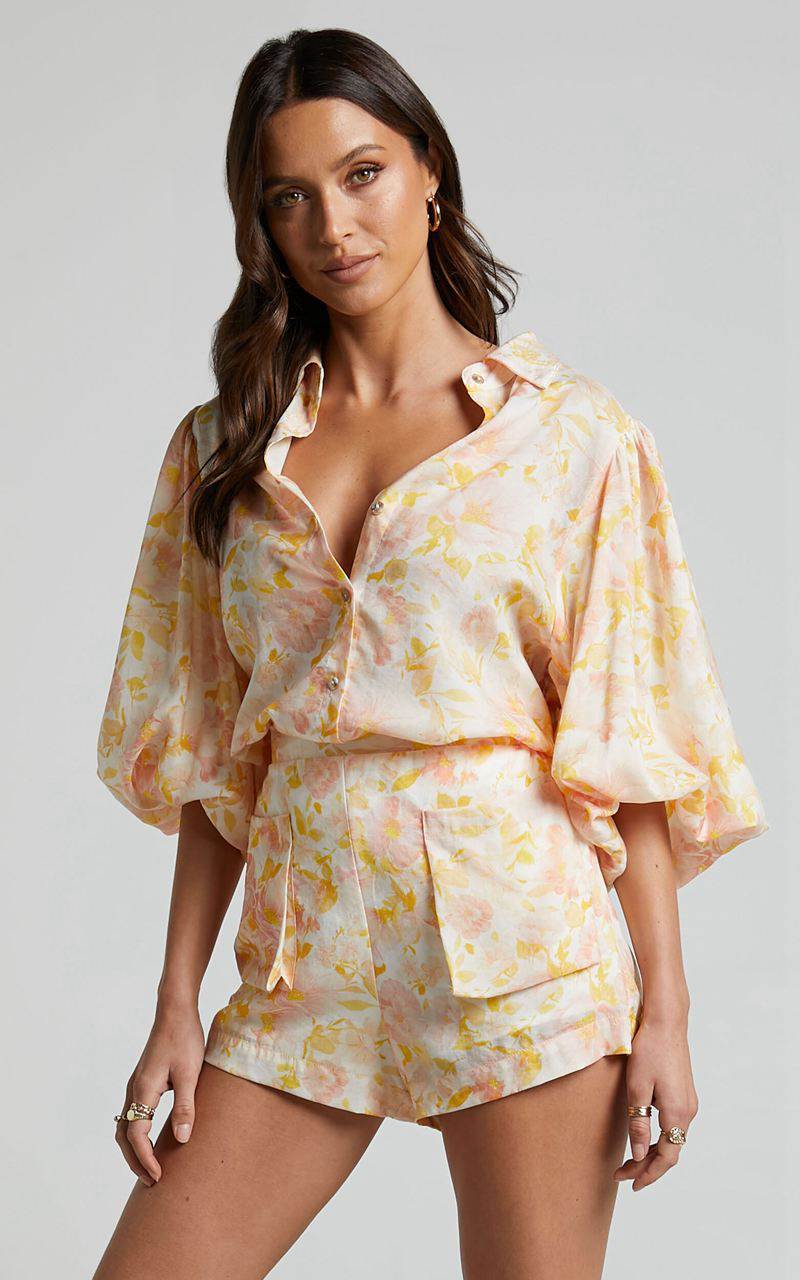 Showpo Amalie The Label - Kimmella Linen Blend Puff Sleeve Shirt Sierra Floral | OBPCEL247