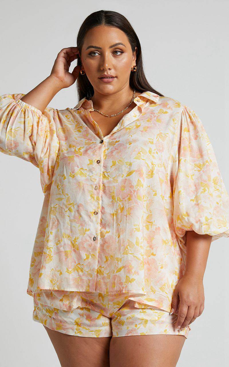 Showpo Amalie The Label - Kimmella Linen Blend Puff Sleeve Shirt Sierra Floral | OBPCEL247