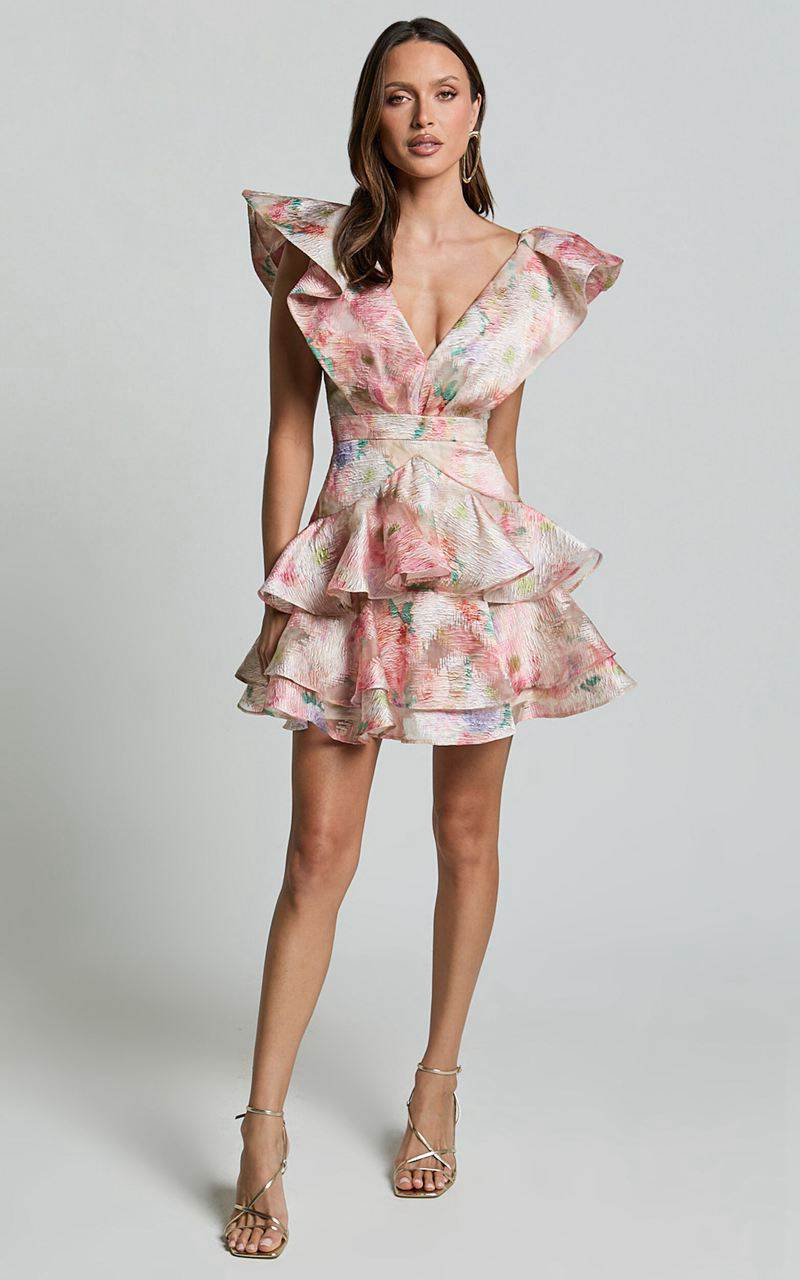 Showpo Amalie The Label - Layla Jacquard Flutter Sleeve Tiered Mini Dress Blush | CSUTNL021