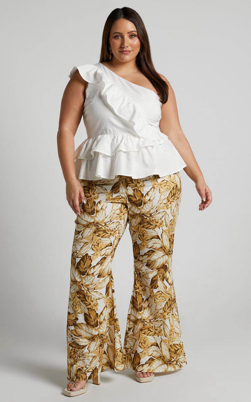 Showpo Amalie The Label - Lillian Linen Blend High Waisted Flare Pants Frieja Print | DTBSYC085