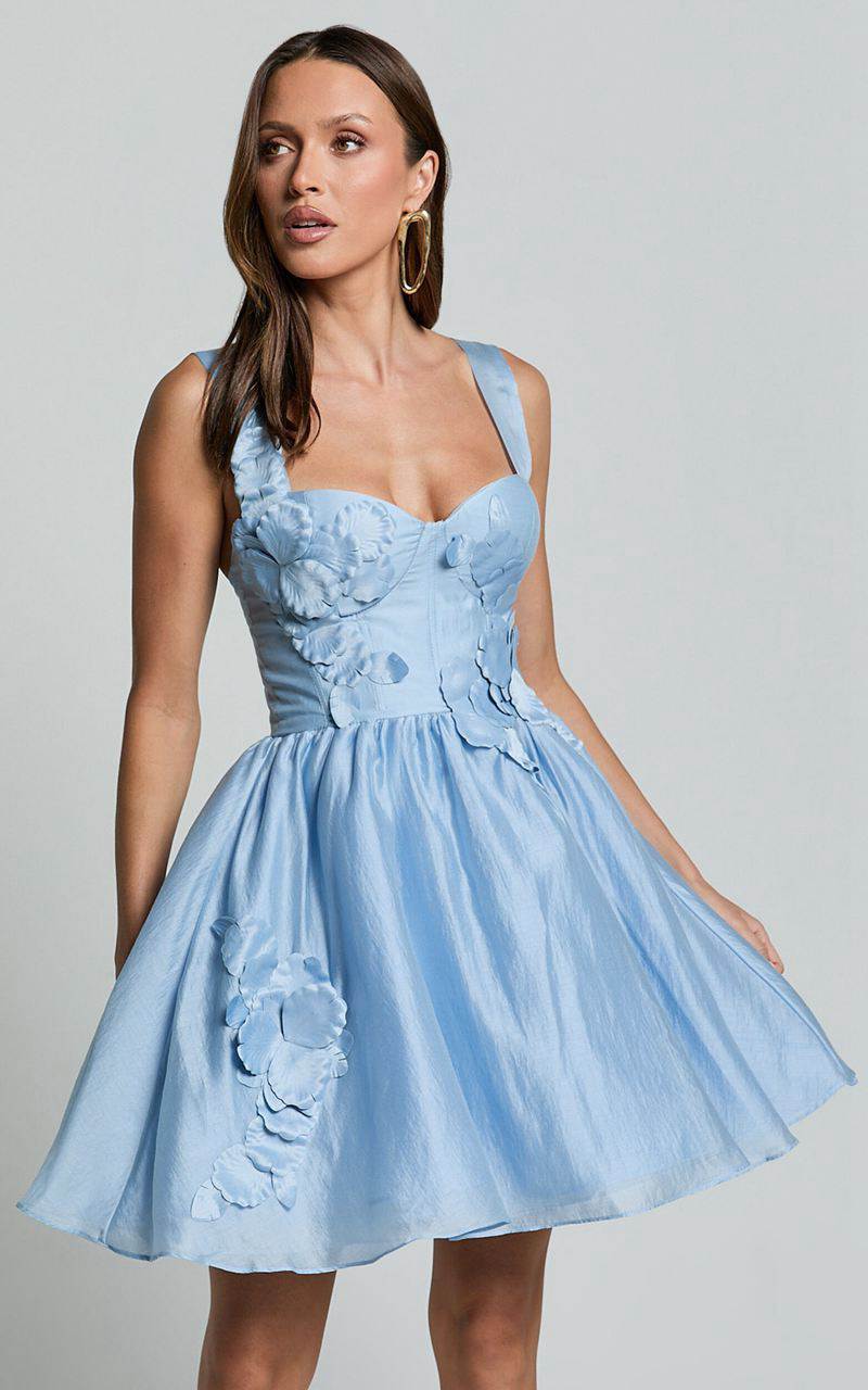 Showpo Amalie The Label - Lilou Flower Detail Corset Mini Dress Light Blue | OVYNXE587