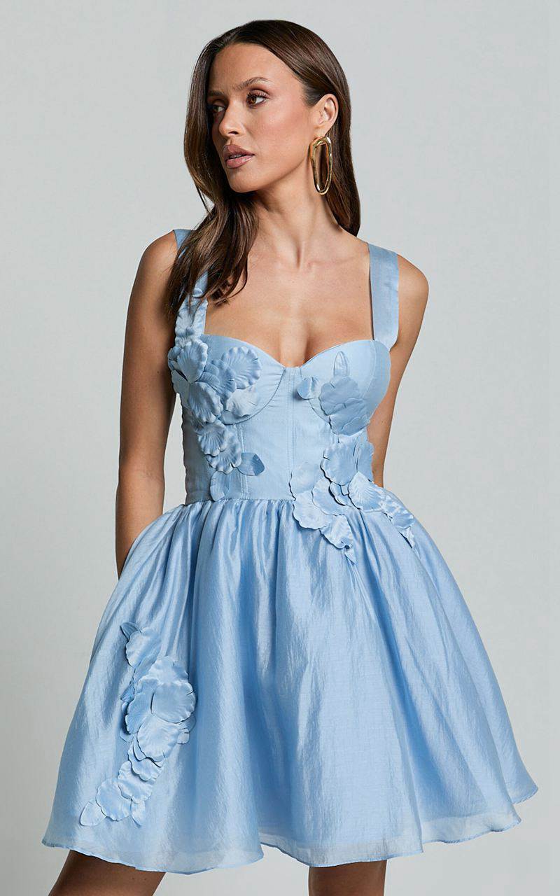 Showpo Amalie The Label - Lilou Flower Detail Corset Mini Dress Light Blue | OVYNXE587