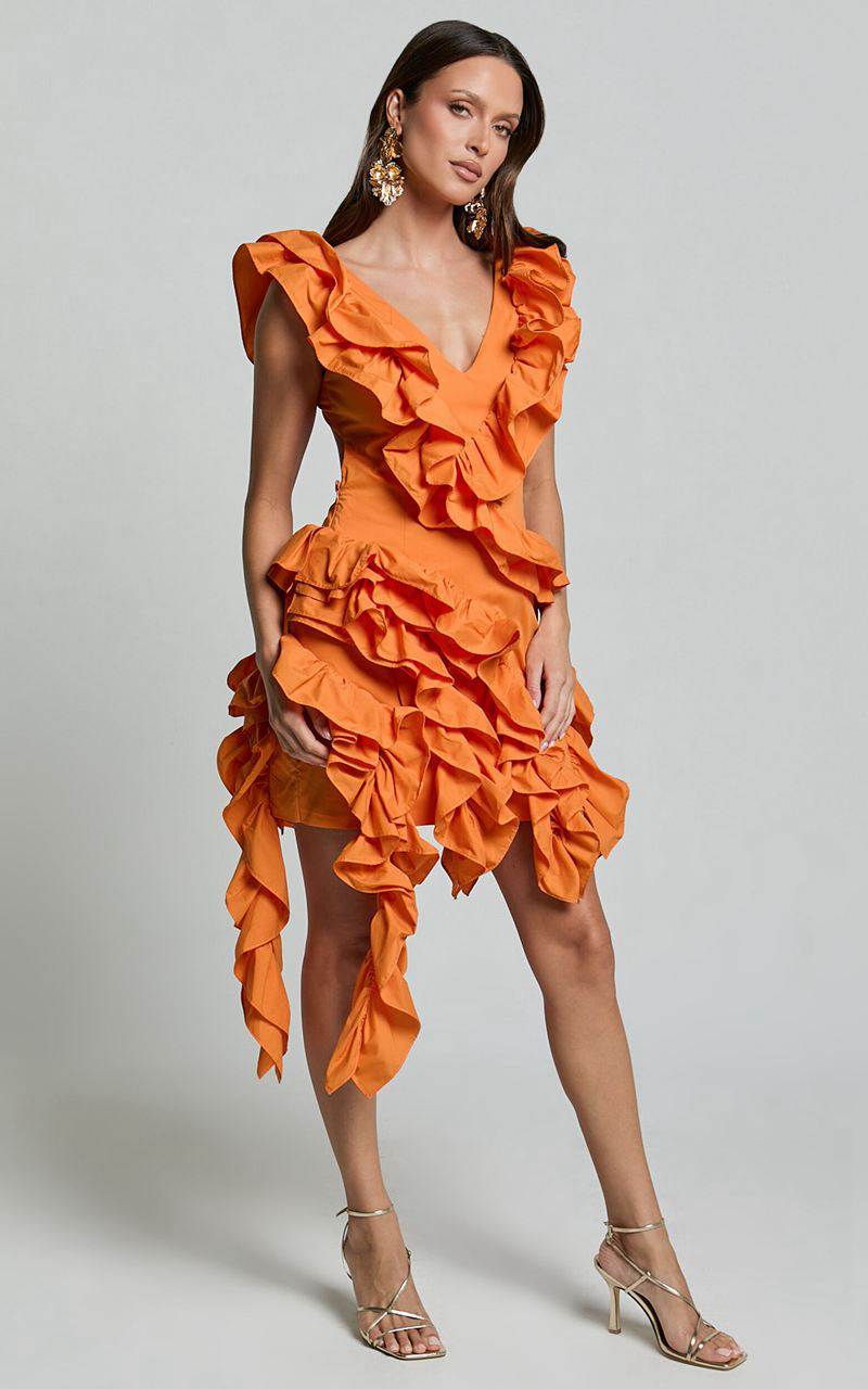 Showpo Amalie The Label - Lilou Ruffle Detail Cut Out Mini Dress Orange | KVLHOZ205