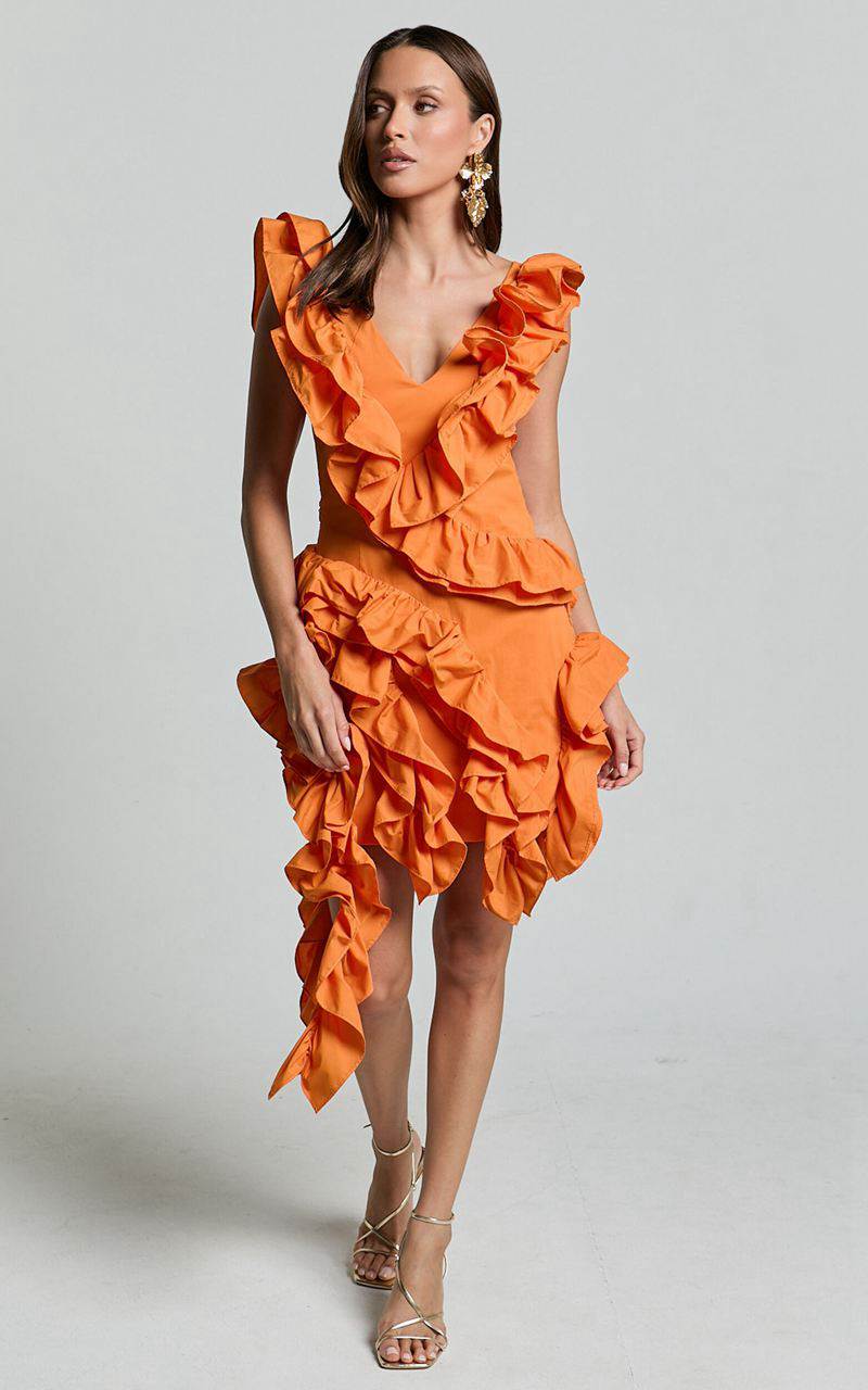 Showpo Amalie The Label - Lilou Ruffle Detail Cut Out Mini Dress Orange | KVLHOZ205