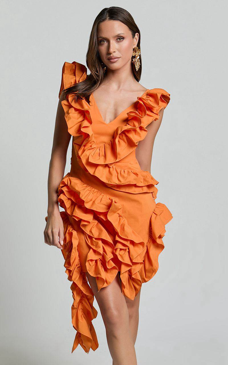 Showpo Amalie The Label - Lilou Ruffle Detail Cut Out Mini Dress Orange | KVLHOZ205