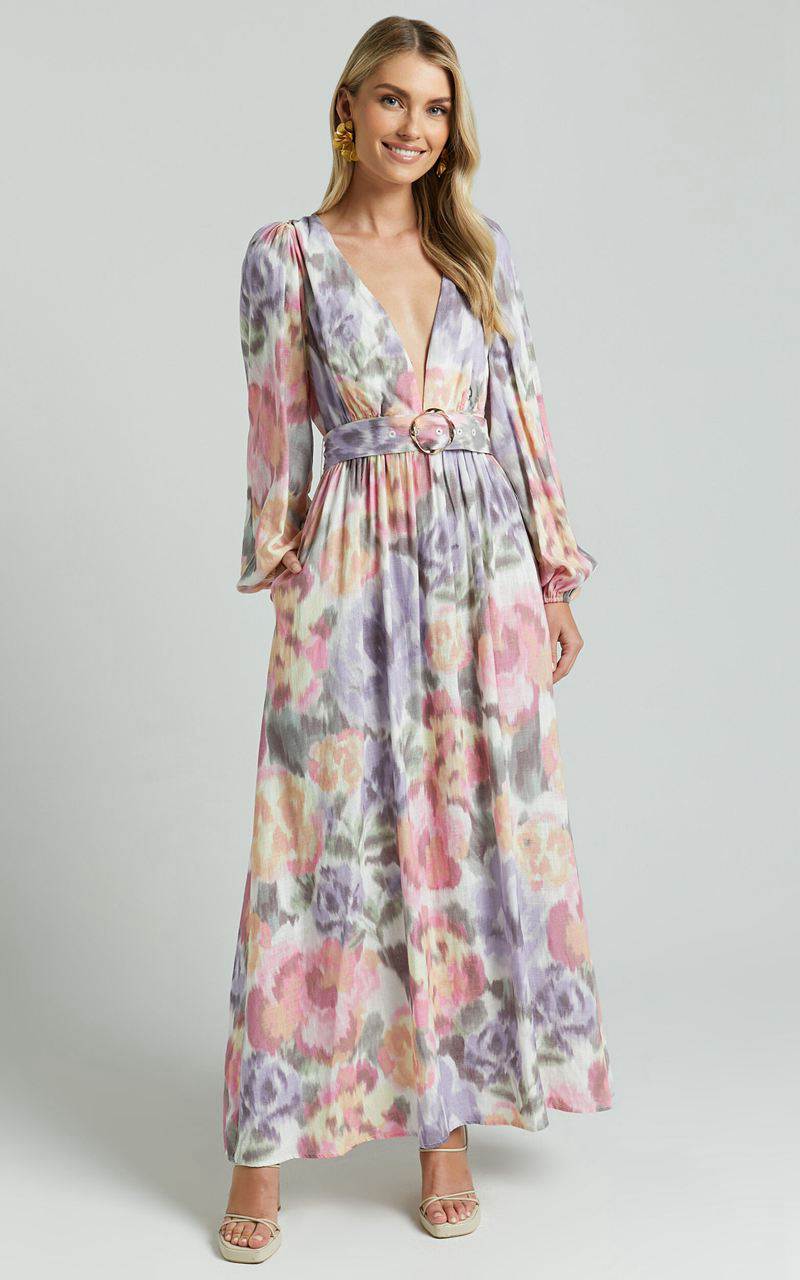 Showpo Amalie The Label - Lily Linen Blend V Neck Long Puff Sleeve Tie Back Maxi Dress Montreuil Print | GDISPA832