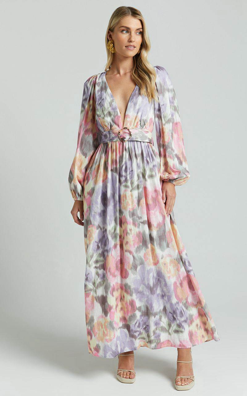 Showpo Amalie The Label - Lily Linen Blend V Neck Long Puff Sleeve Tie Back Maxi Dress Montreuil Print | GDISPA832