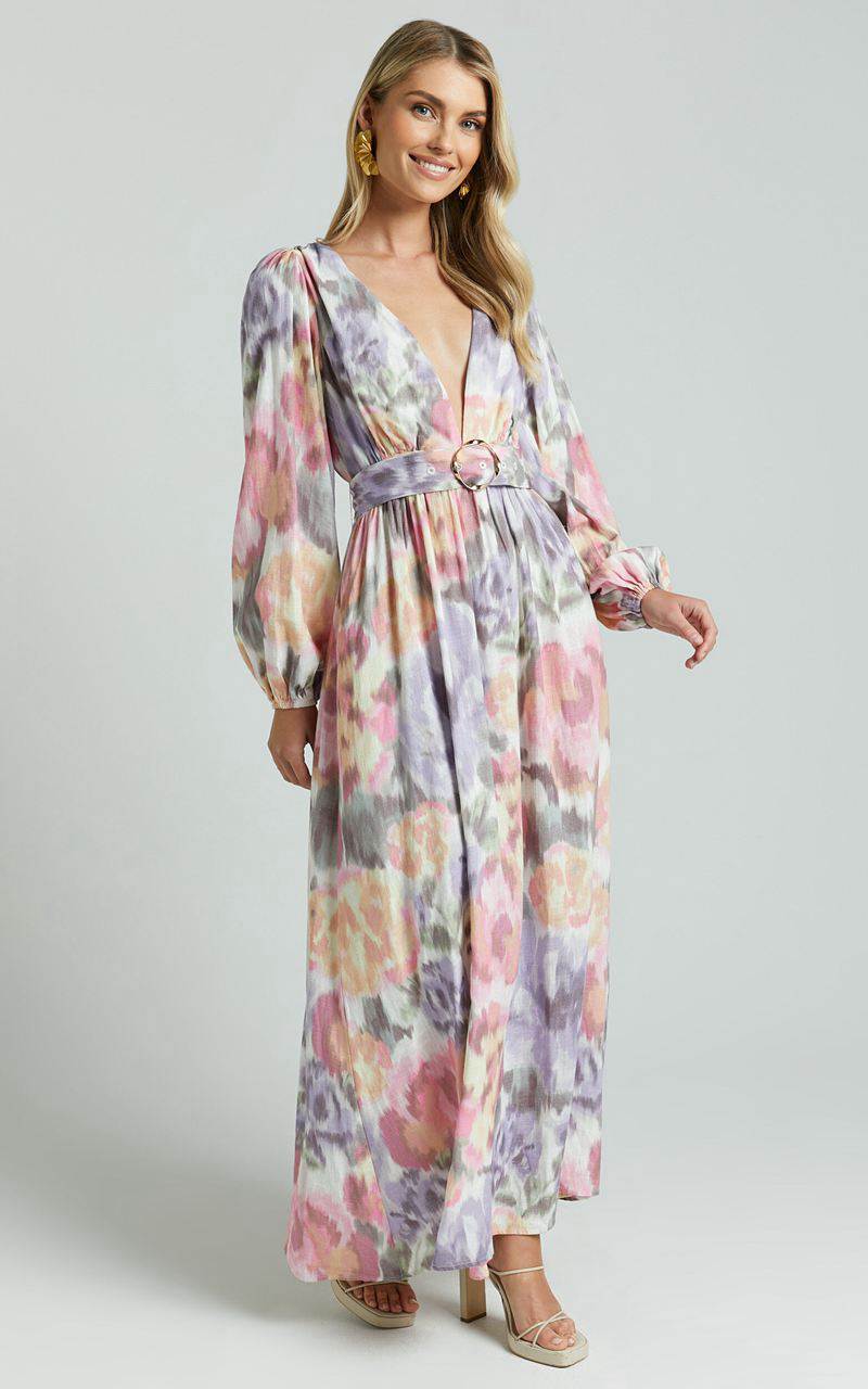 Showpo Amalie The Label - Lily Linen Blend V Neck Long Puff Sleeve Tie Back Maxi Dress Montreuil Print | GDISPA832