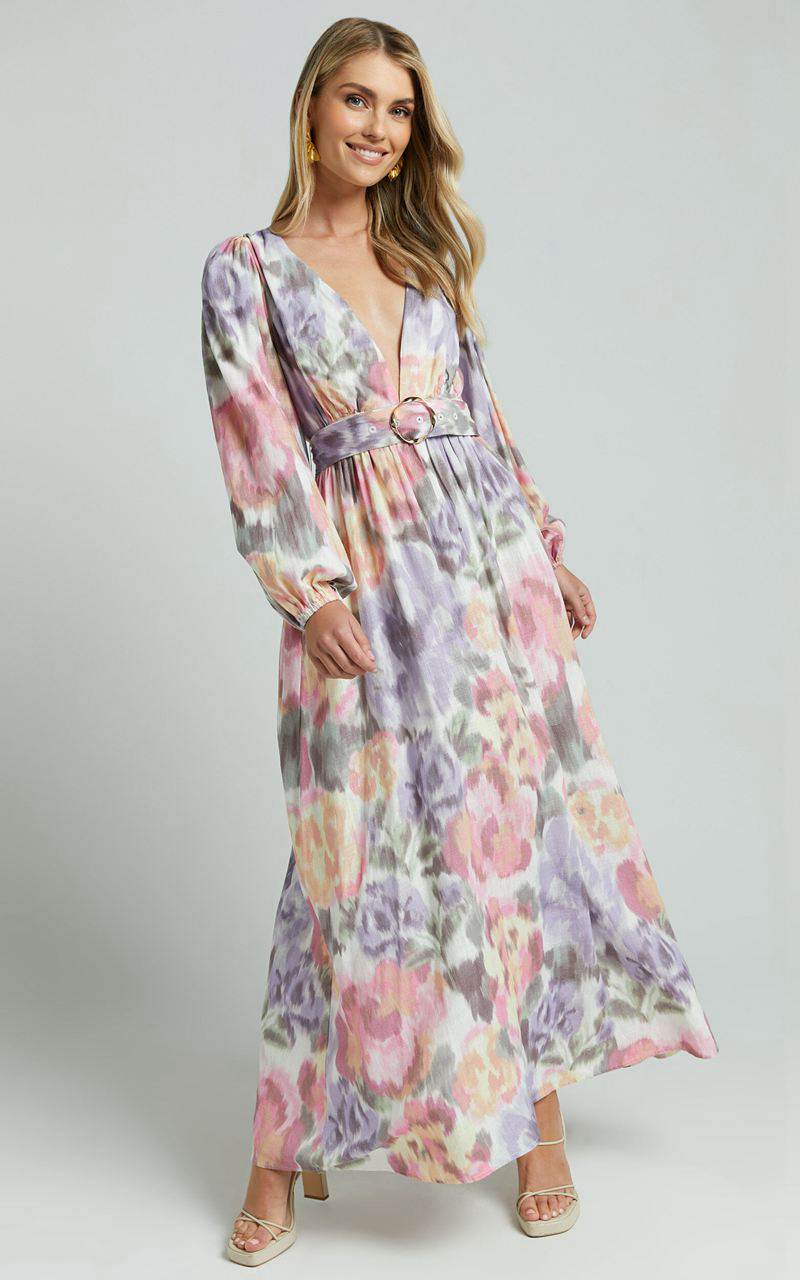 Showpo Amalie The Label - Lily Linen Blend V Neck Long Puff Sleeve Tie Back Maxi Dress Montreuil Print | GDISPA832