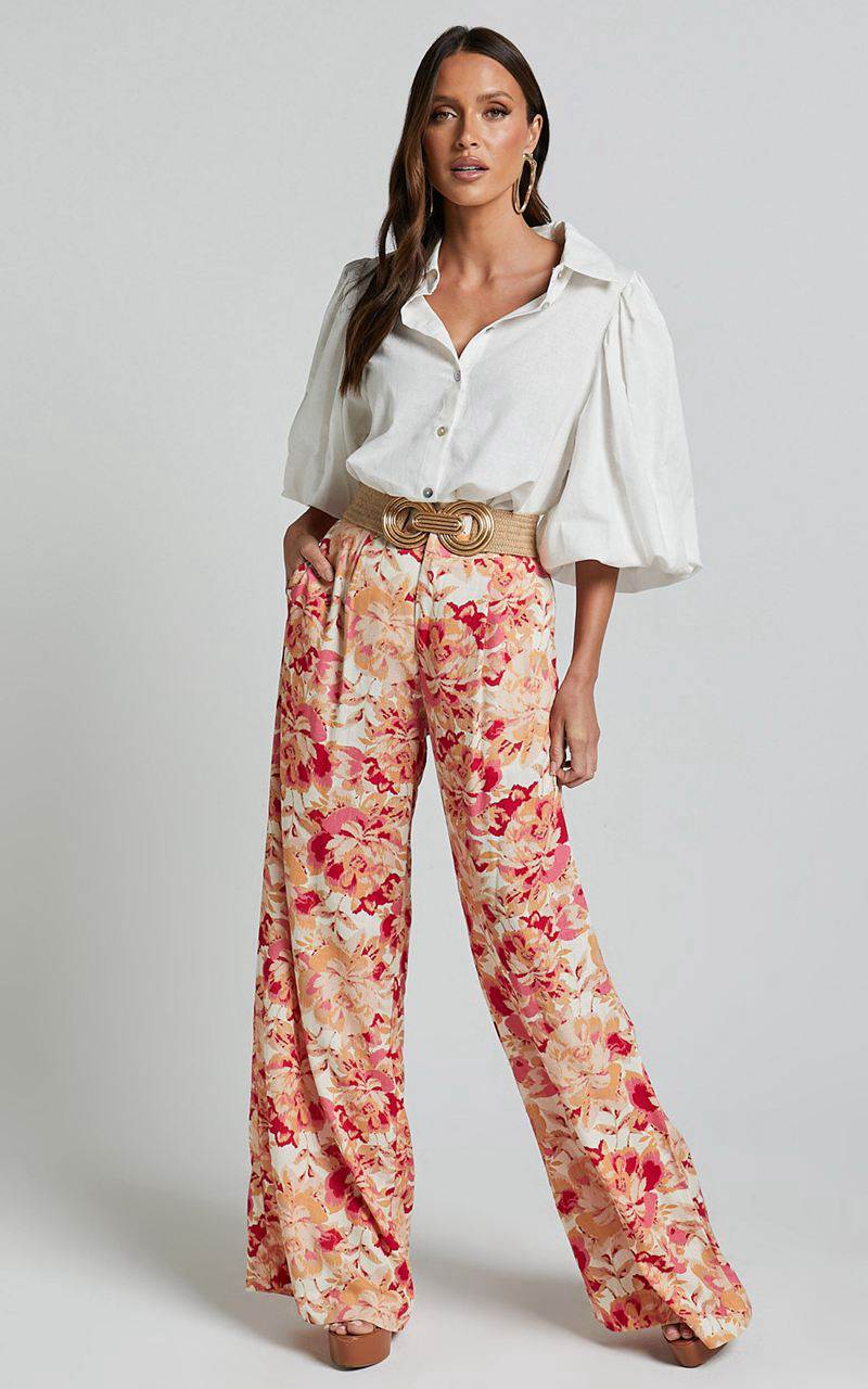 Showpo Amalie The Label - Lorete Linen Blend High Rise Wide Leg Pants Sienna Print | XLJNPZ504