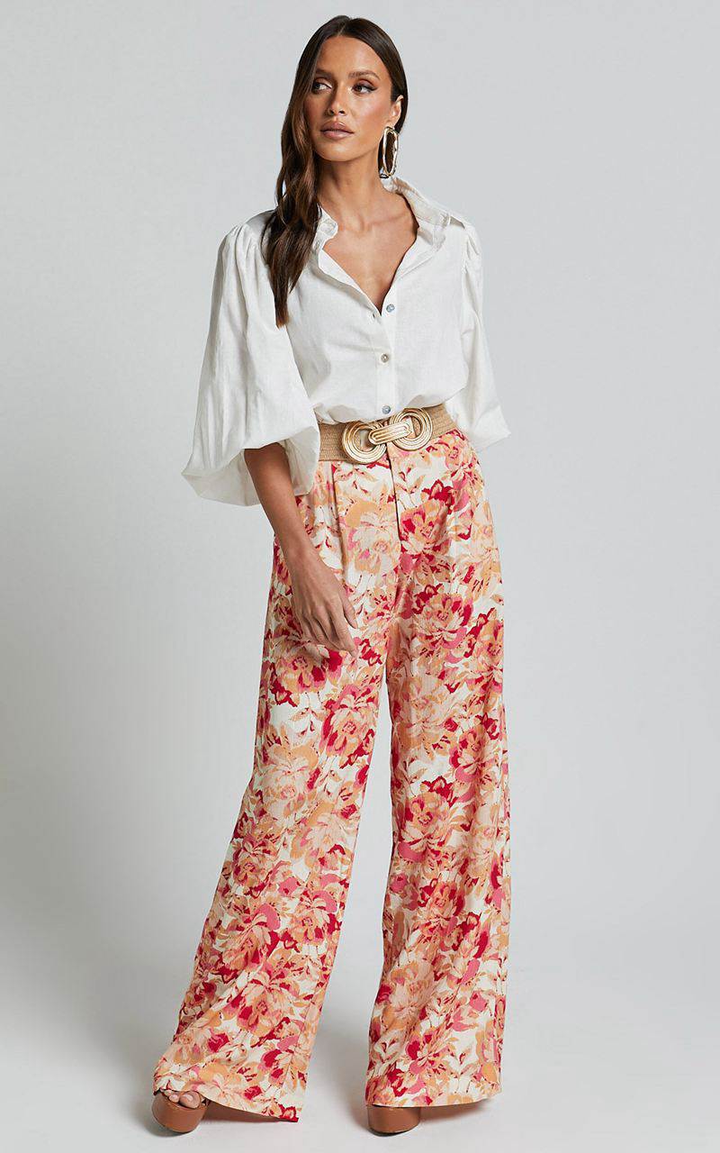 Showpo Amalie The Label - Lorete Linen Blend High Rise Wide Leg Pants Sienna Print | XLJNPZ504