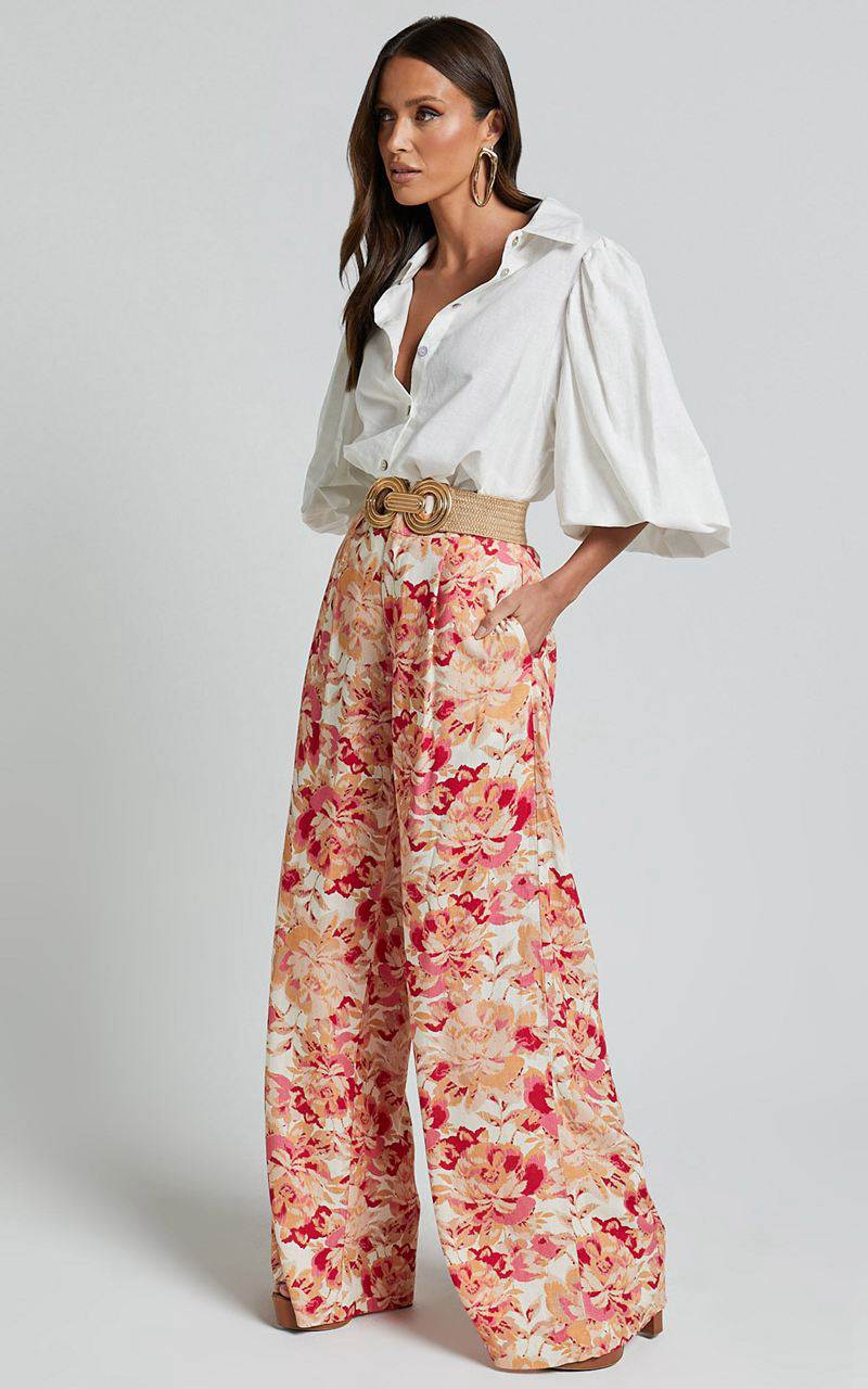 Showpo Amalie The Label - Lorete Linen Blend High Rise Wide Leg Pants Sienna Print | XLJNPZ504