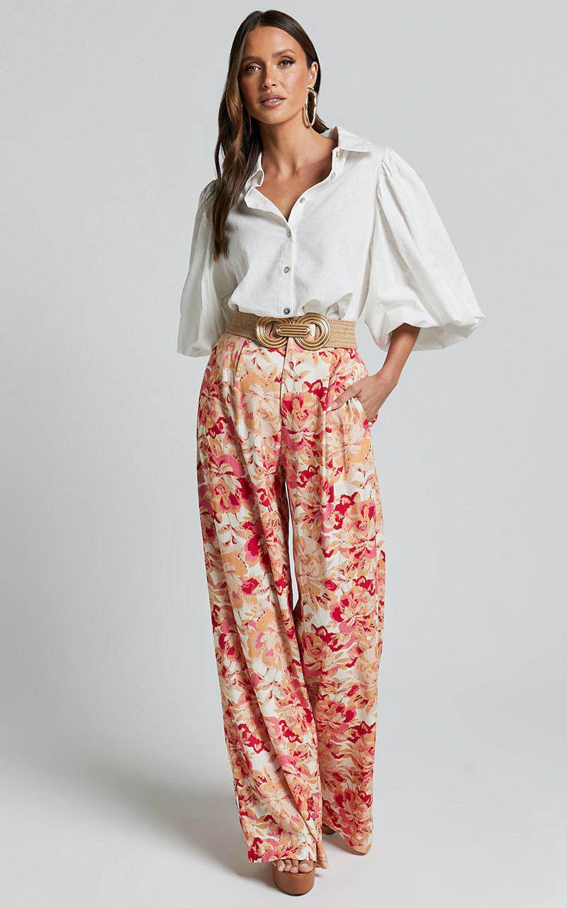 Showpo Amalie The Label - Lorete Linen Blend High Rise Wide Leg Pants Sienna Print | XLJNPZ504