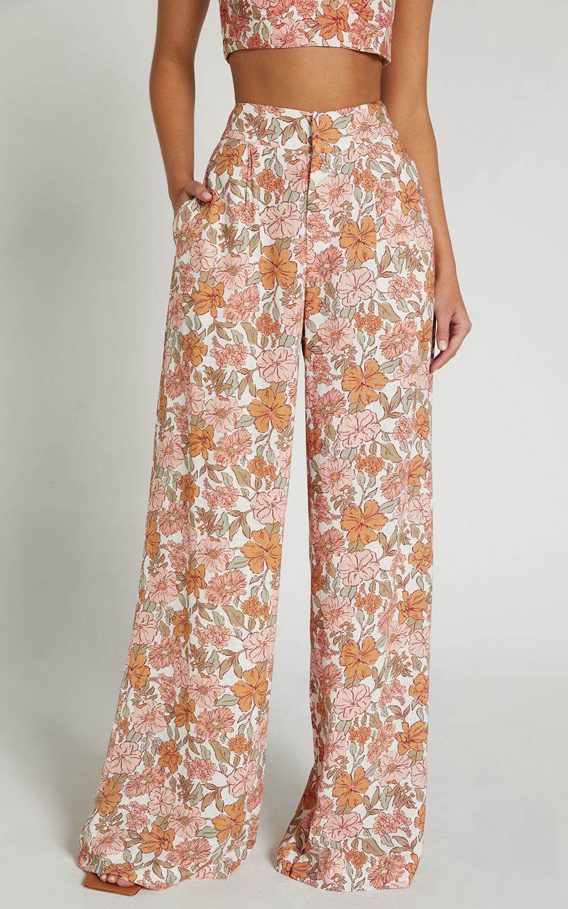 Showpo Amalie The Label - Lorete Linen Blend High Rise Wide Leg Pants Wildflower Floral | PLJUXZ835