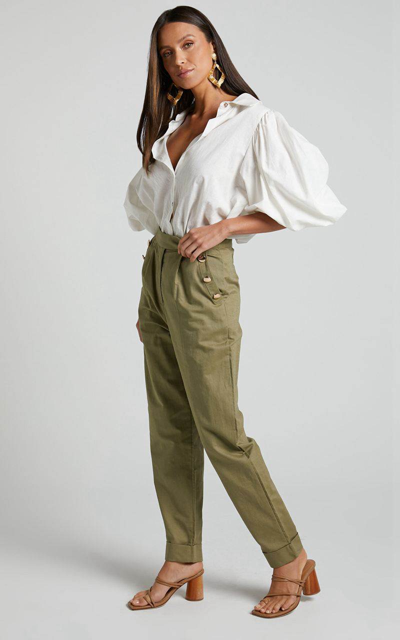 Showpo Amalie The Label - Mael Linen Blend High Waisted Tapered Pants Khaki | WYBOKM435