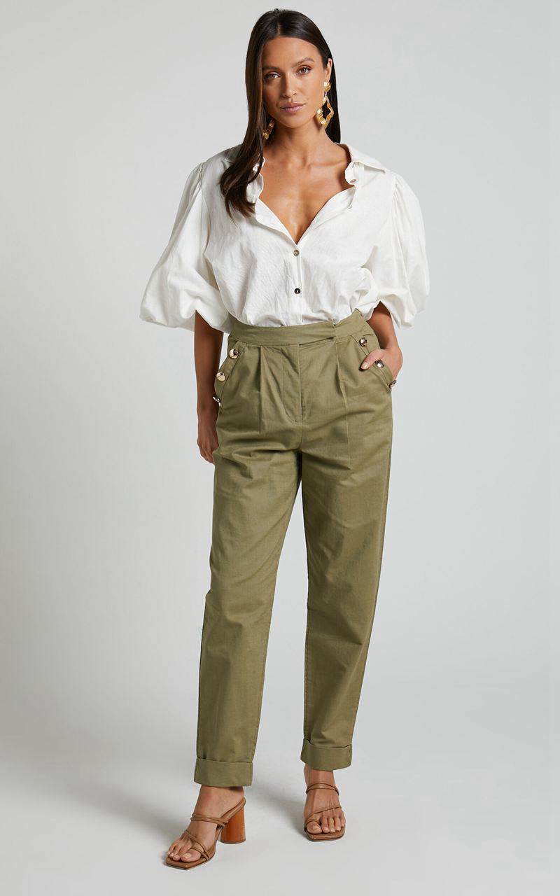 Showpo Amalie The Label - Mael Linen Blend High Waisted Tapered Pants Khaki | WYBOKM435