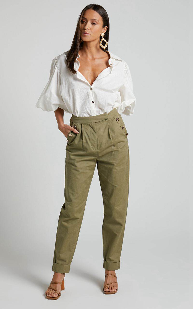 Showpo Amalie The Label - Mael Linen Blend High Waisted Tapered Pants Khaki | WYBOKM435