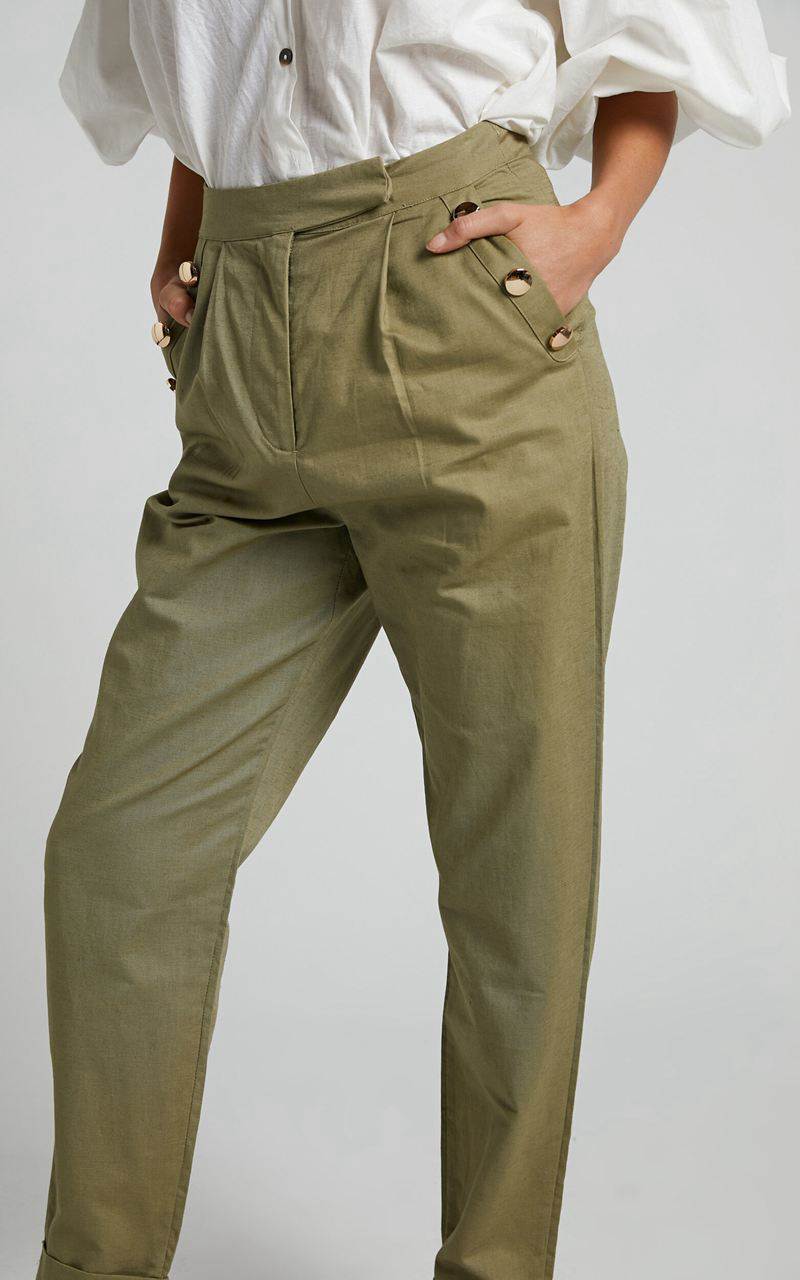 Showpo Amalie The Label - Mael Linen Blend High Waisted Tapered Pants Khaki | WYBOKM435