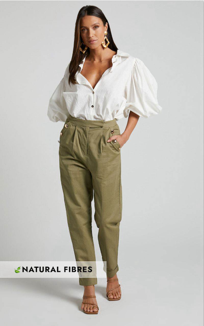 Showpo Amalie The Label - Mael Linen Blend High Waisted Tapered Pants Khaki | WYBOKM435