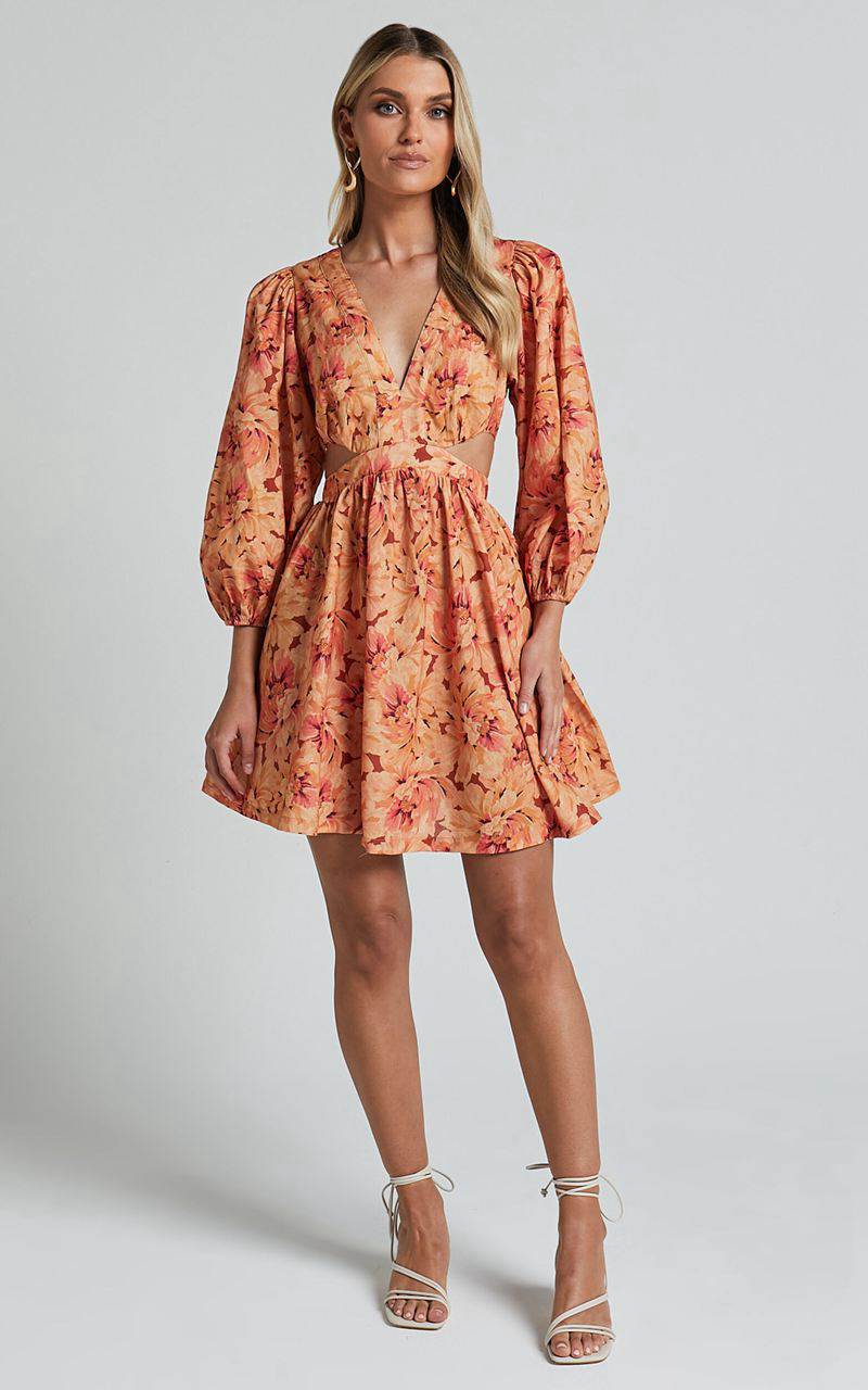 Showpo Amalie The Label - Mariana Linen Blend Balloon Sleeve Mini Dress Valencia Print | XNKGOB783