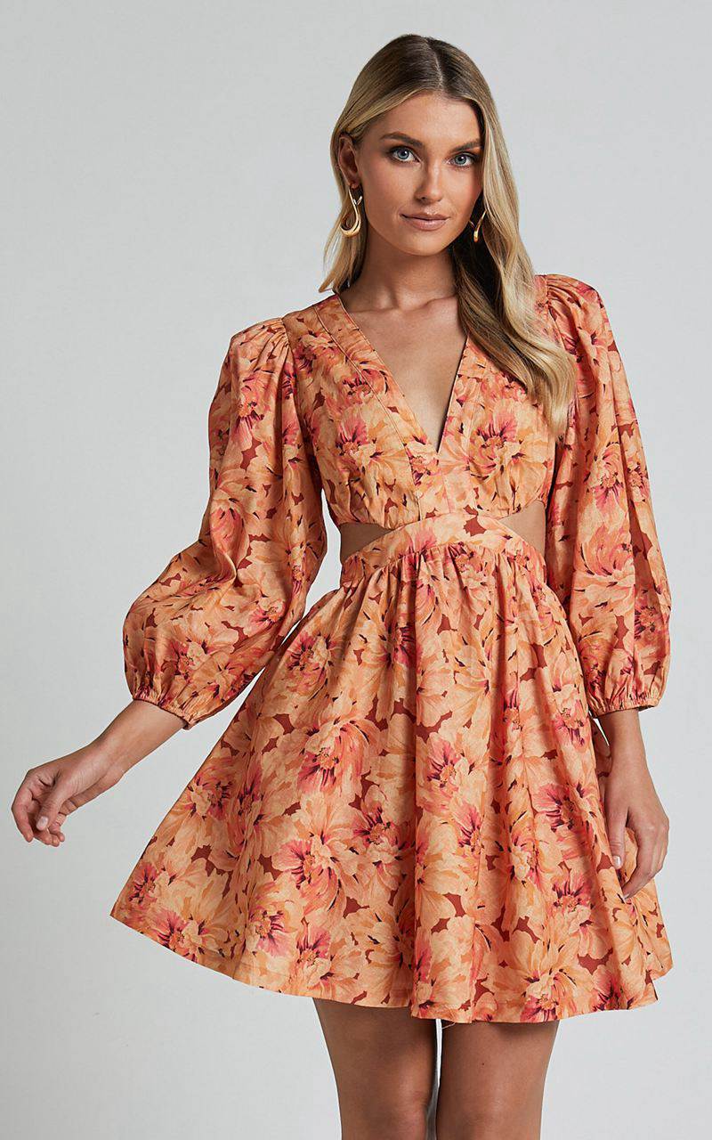 Showpo Amalie The Label - Mariana Linen Blend Balloon Sleeve Mini Dress Valencia Print | XNKGOB783