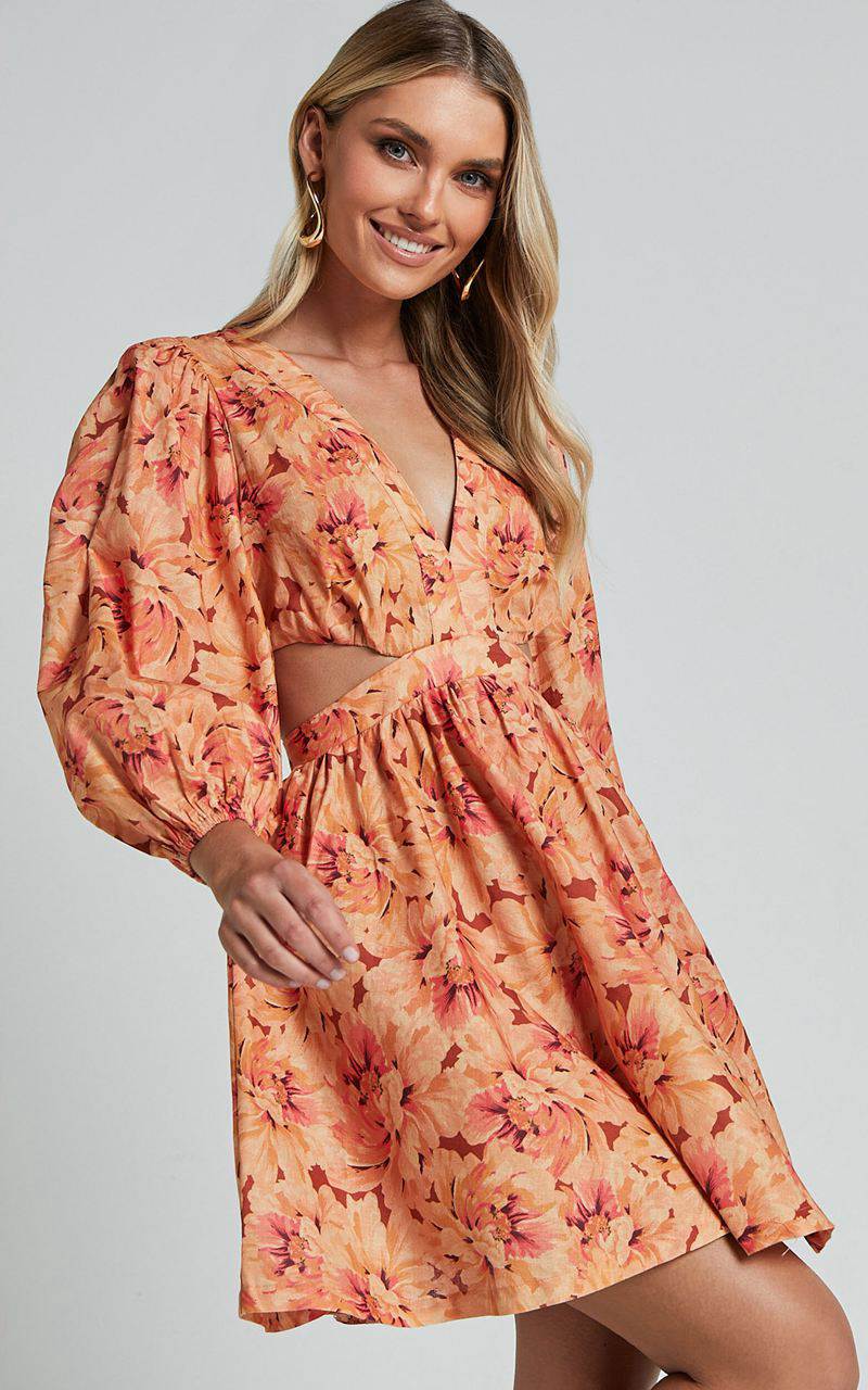 Showpo Amalie The Label - Mariana Linen Blend Balloon Sleeve Mini Dress Valencia Print | XNKGOB783