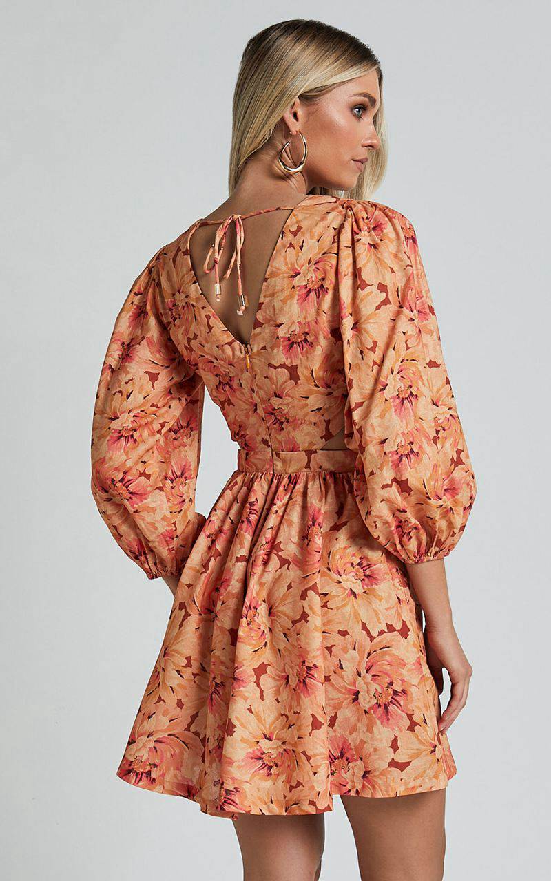 Showpo Amalie The Label - Mariana Linen Blend Balloon Sleeve Mini Dress Valencia Print | XNKGOB783