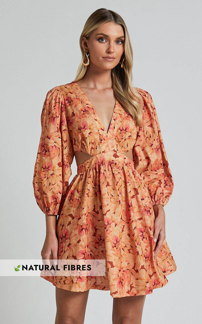 Showpo Amalie The Label - Mariana Linen Blend Balloon Sleeve Mini Dress Valencia Print | XNKGOB783