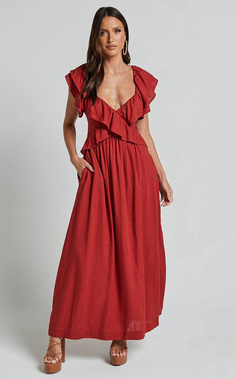 Showpo Amalie The Label - Marisole Linen Blend Frill Detail Backless Midi Dress Burnt Sienna | YHQDCK843