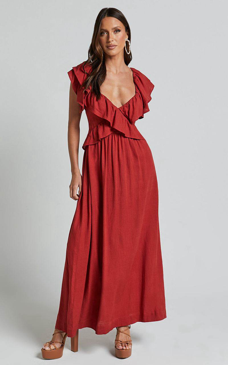 Showpo Amalie The Label - Marisole Linen Blend Frill Detail Backless Midi Dress Burnt Sienna | YHQDCK843