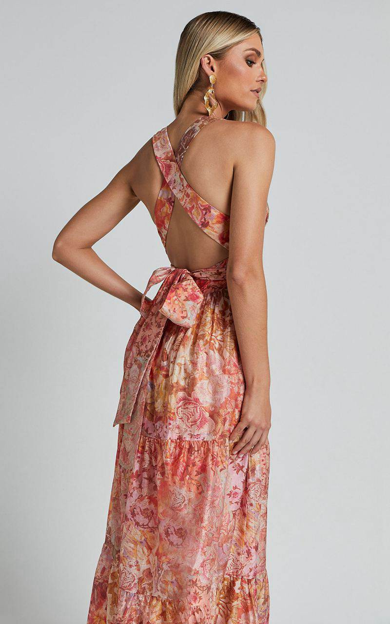 Showpo Amalie The Label - Monte Plunge Neck Tie Back Tiered Maxi Dress Morocco Print | PWABCF623