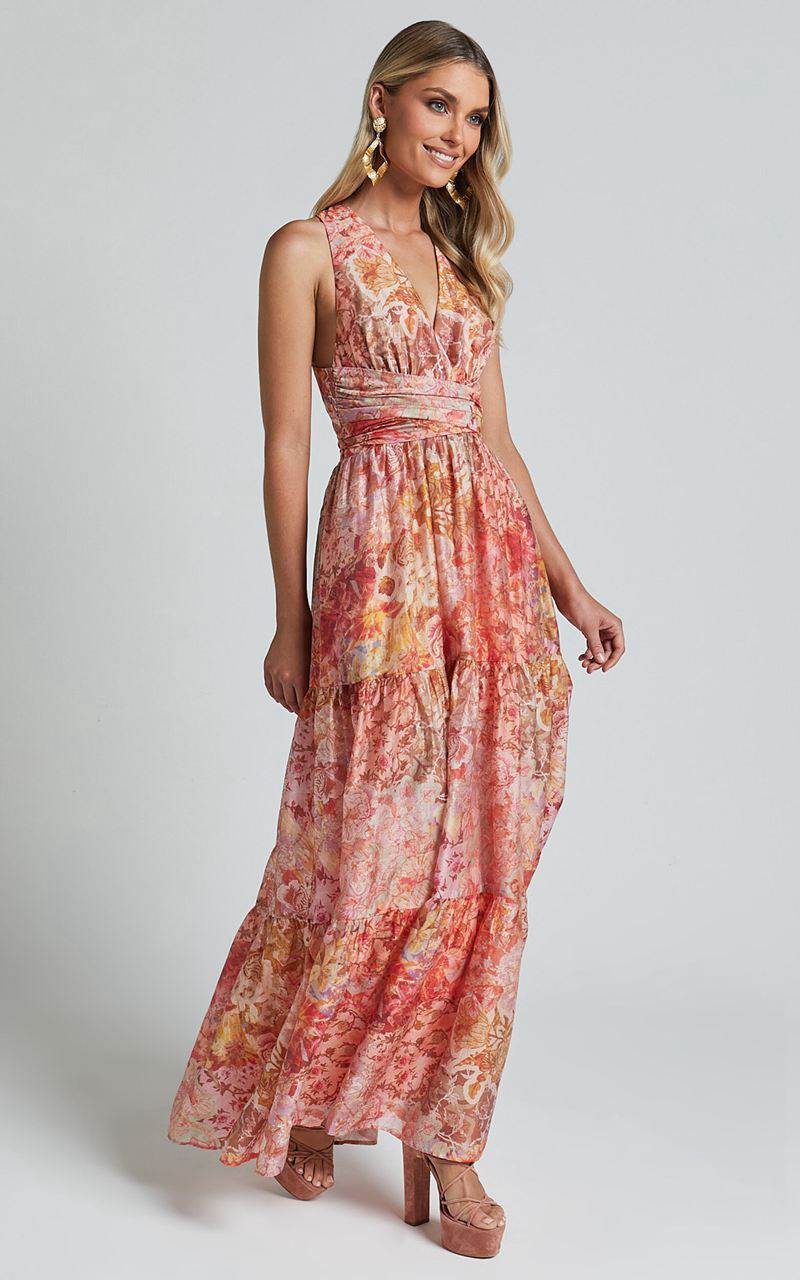 Showpo Amalie The Label - Monte Plunge Neck Tie Back Tiered Maxi Dress Morocco Print | PWABCF623