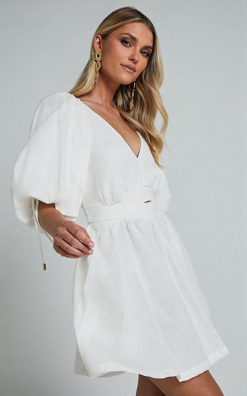 Showpo Amalie The Label - Movida Linen Blend Balloon Sleeve Crossover Band Mini Dress White | CRTMFI837