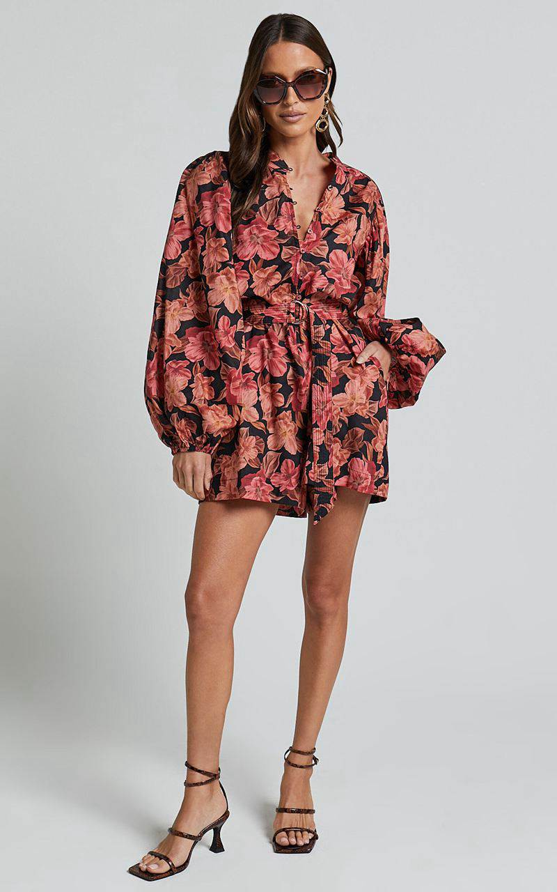 Showpo Amalie The Label - Natylia Linen Blend Bishop Sleeve Belted Playsuit Atalie Print | MAJIRW708